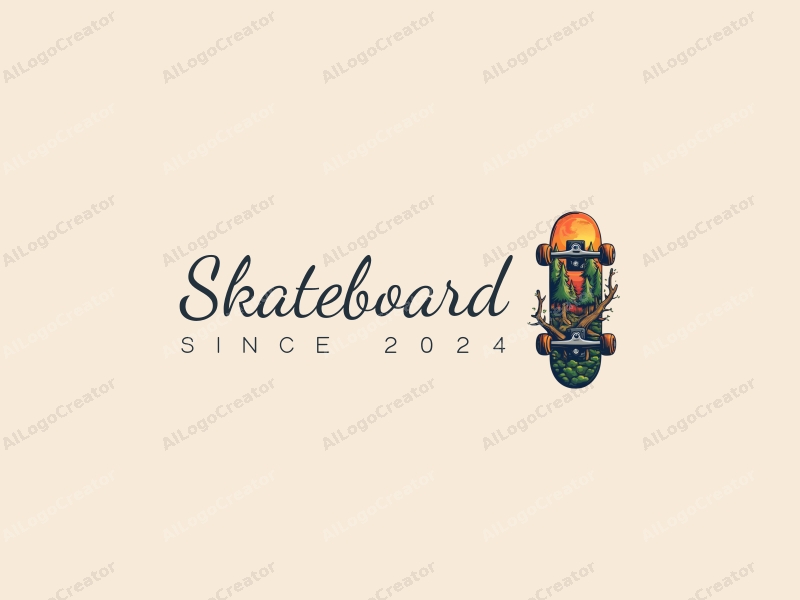 playful design features a vibrant skateboard integrated with forest elements, showcasing a dynamic and energetic composition against a clean background.