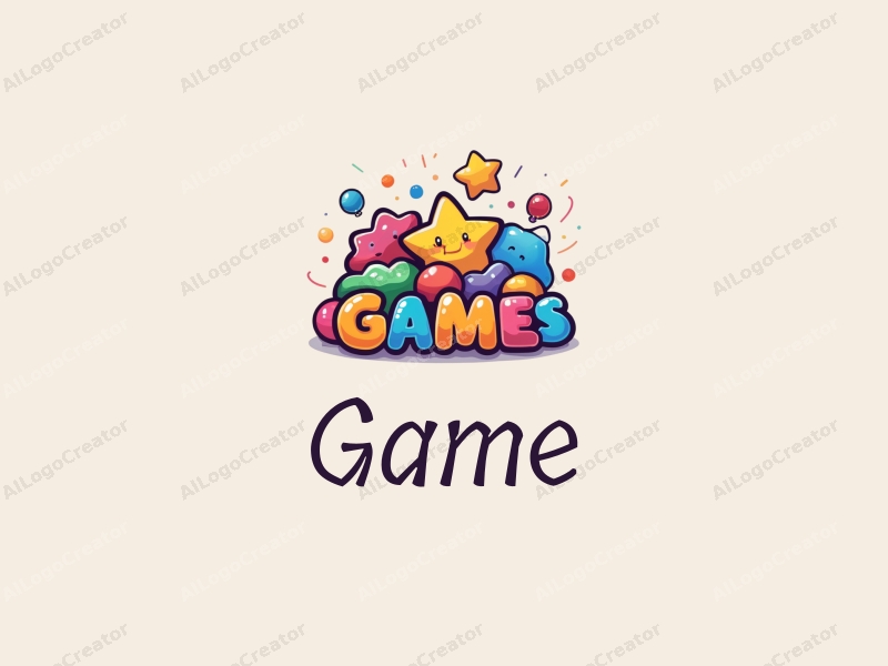 playful design features whimsical game elements, stylized toy shapes, stars, and colorful balls combined with a clean background.