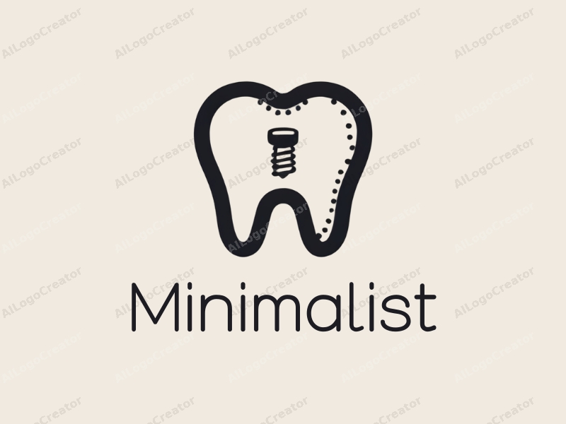 minimalist design features simple line art of a tooth and a screw, combined with a tag style approach and a clean background.