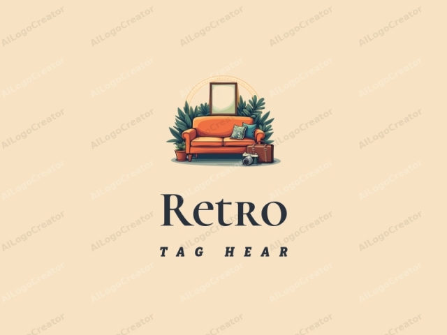 vintage design features a retro sofa, a retro poster, a retro camera, and a travel suitcase, combined with a clean background and harmonious composition.