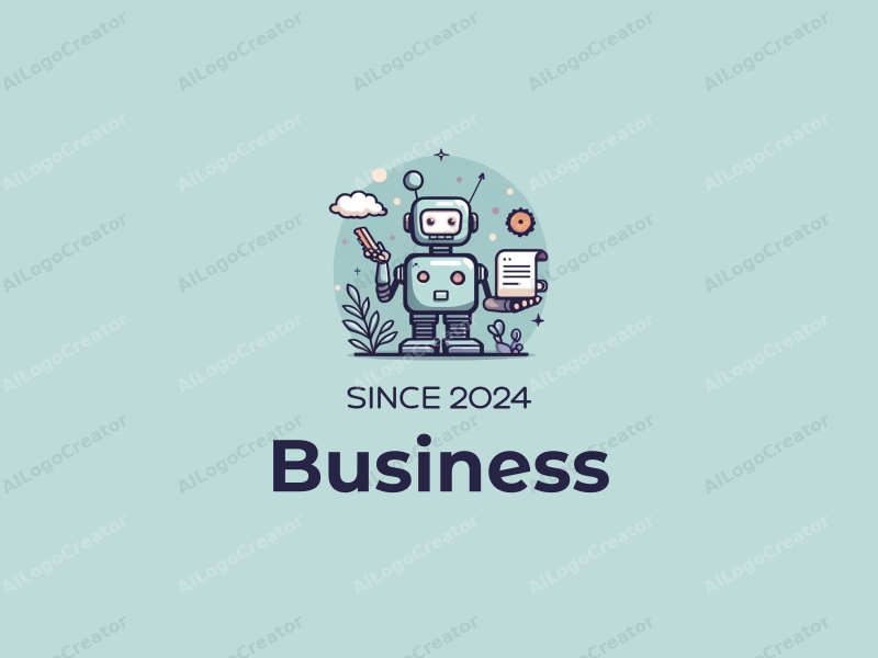 a modern design featuring a stylized office environment with a robot and a key, utilizing a clean and simple composition with harmonious elements.