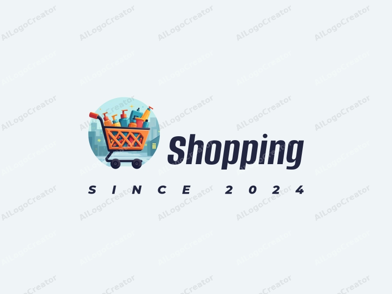 a modern design featuring a colorful shopping cart filled with various products, set against a stylized mall background, emphasizing simplicity and harmony in composition.