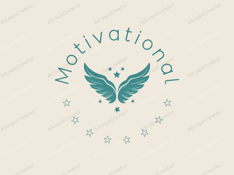 a modern minimalist design featuring stylized wings and stars, symbolizing motivation and encouragement, combined with a clean background in blue and green tones.