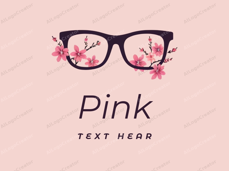 minimalist design features stylized glasses intertwined with delicate cherry blossom petals, set against a clean pink background.