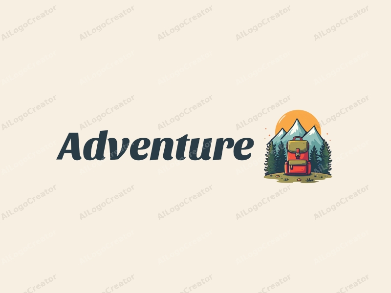 playful design features stylized mountains, a whimsical backpack, and elements of adventure and exploration combined with a clean background.