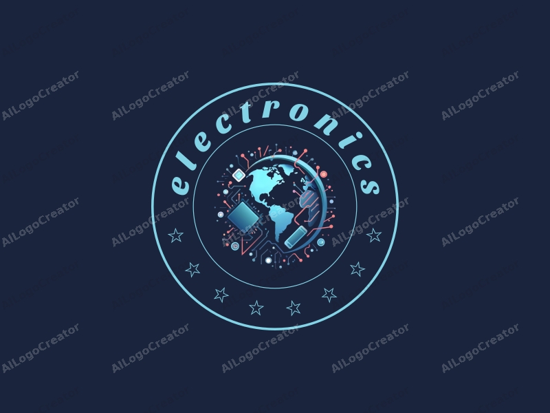 modern design features a stylized globe intertwined with a chip, electronic devices and computer elements, combined with a clean background.