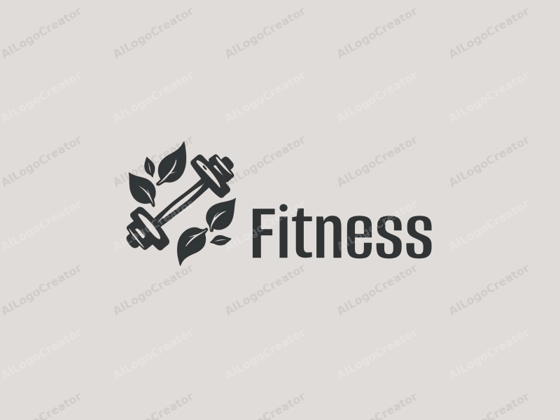 a modern design featuring a stylized dumbbell intertwined with leaves, emphasizing fitness and movement, combined with a clean background.