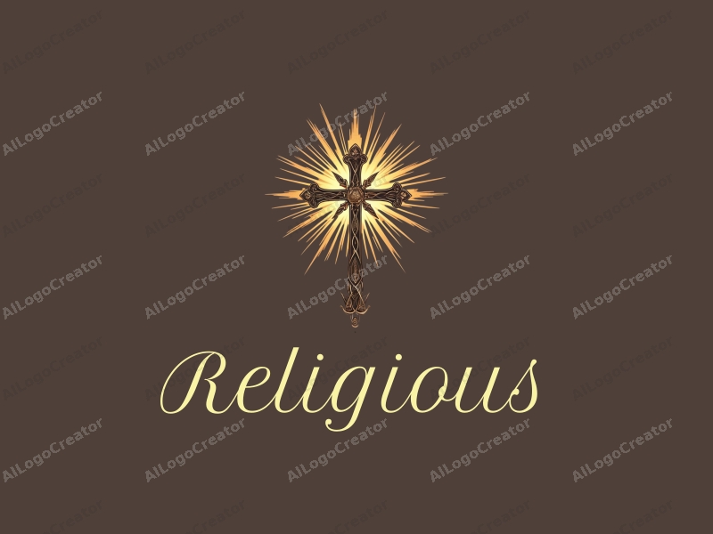 vintage design features a prominent cross intertwined with religious symbols, radiating golden light, embodying a sense of sacredness, combined with a clean and harmonious background.