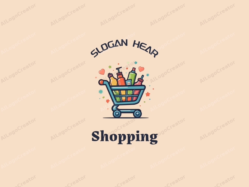 a modern design featuring a colorful shopping cart filled with various products, set against a stylized mall background, emphasizing simplicity and harmony in composition.