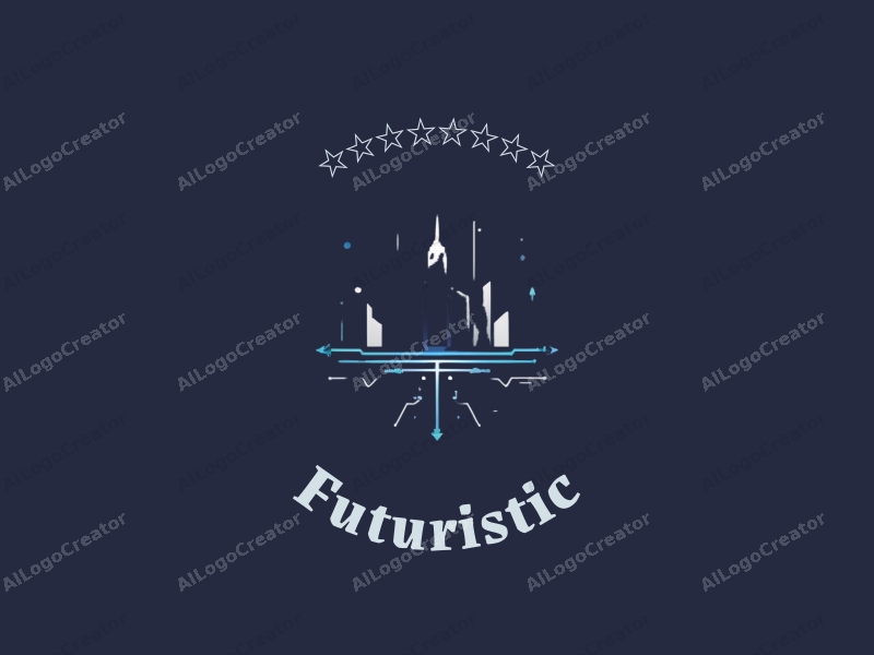 a modern design featuring a futuristic city skyline, innovative technology motifs, and a clean background with silver and blue tones.