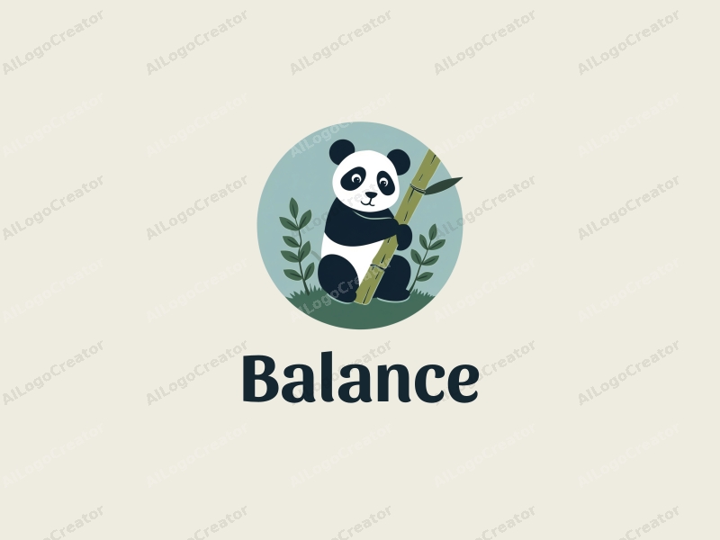 a modern design featuring a stylized panda and bamboo, emphasizing balance and harmony, combined with a clean background in blue and green colors.