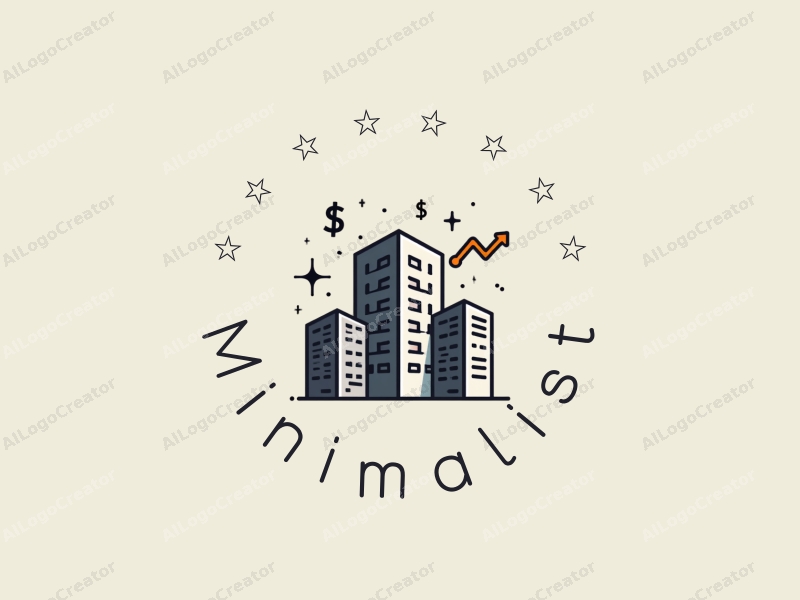 minimalist design features a stylized office building, abstract currency symbols, and simple chart elements combined with a clean background.