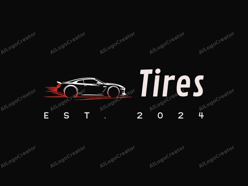 modern design features a stylized tire and car silhouette, emphasizing speed with clean lines and a minimalistic approach combined with a solid black background.