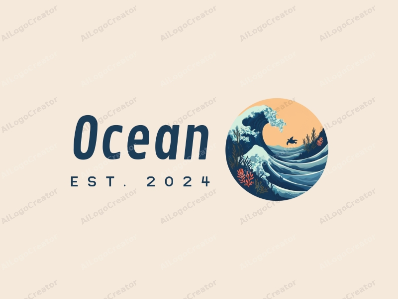 modern design features stylized waves, marine life including coral and a sea turtle, combined with a clean background.