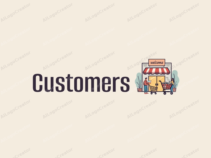 modern design features a stylized shopping cart and a welcoming entrance, with abstract representations of customers and shoppers, combined with a clean background.