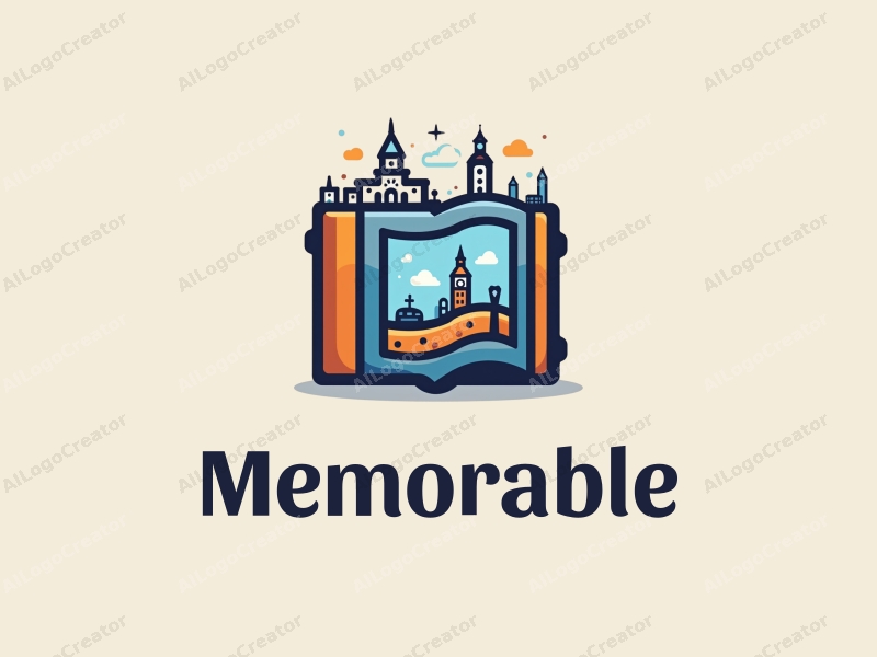 playful design features a stylized photo album with iconic landmarks, evoking memories, combined with a clean background in blue and orange tones.