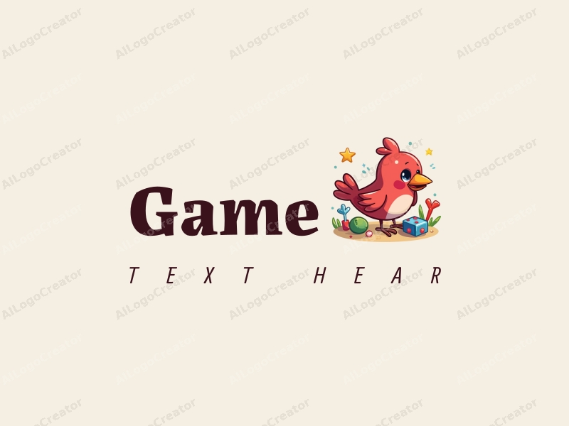 playful design features a vibrant red bird interacting with various colorful toys and game elements, combined with a clean background and a whimsical approach.