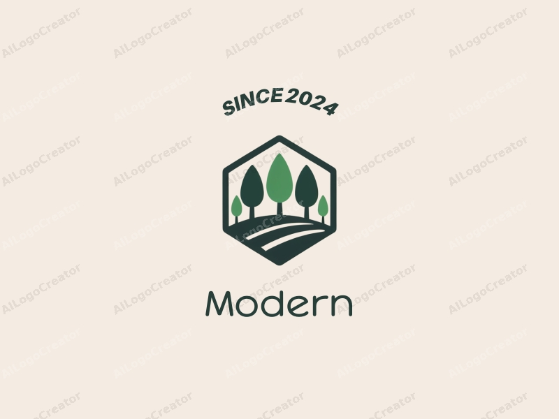 a modern minimalist design featuring simple geometric shapes representing a forest and architectural elements, combined with a clean background and an innovative approach.