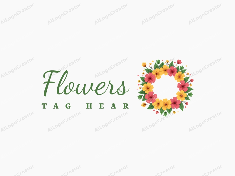 playful design features vibrant flowers and petals arranged in a circular wreath, surrounded by lush green leaves, creating a cheerful and inviting atmosphere with a clean background.