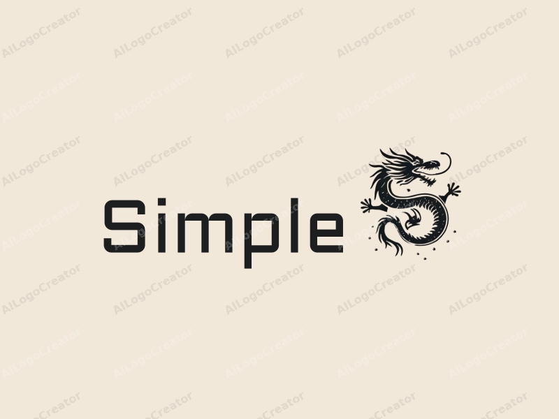 minimalist design features a stylized dragon intertwined with elegant letters, combined with a clean background and simple shapes.