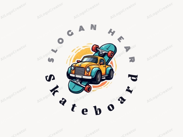 Freudiges Design mit einem lebendigen Skateboard und einem stilisierten Spielzeugauto, kombiniert mit einem sauberen Hintergrund und einer spaßigen, energiegeladenen Komposition.