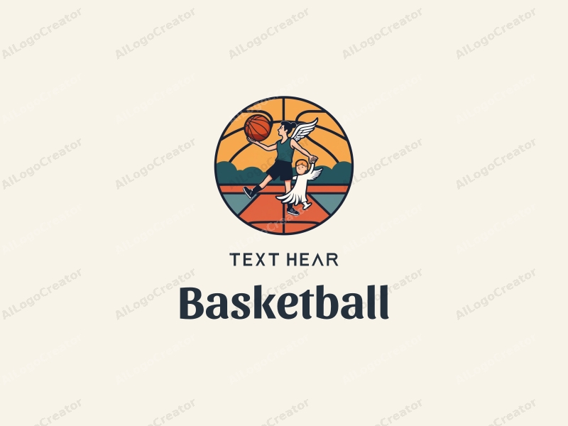 playful design features a stylized basketball, an athlete in motion, and an angelic figure, all harmoniously integrated on a basketball court background.