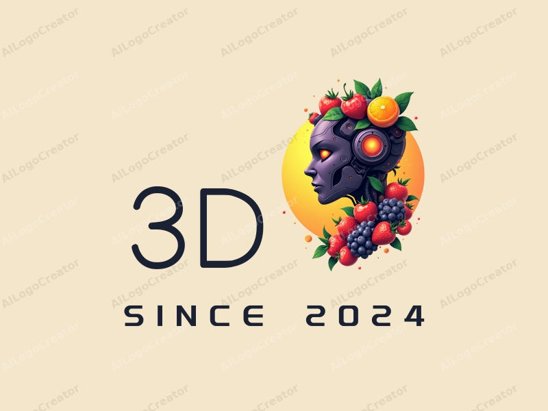 a modern sci-fi design featuring a 3D robot intertwined with vibrant fruits, showcasing dynamic visual effects, combined with a clean and harmonious background.