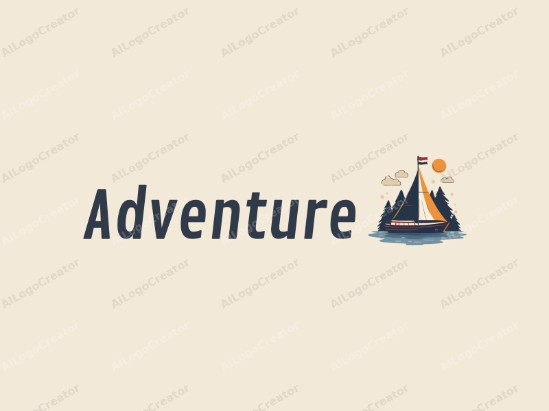 playful design features stylized mountains and sailing elements, combined with adventure and exploration themes, set against a clean background.