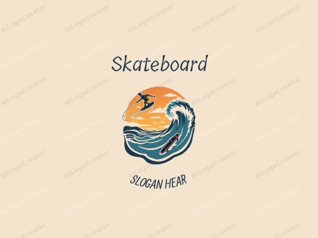 Spielerisches Design mit einem lebendigen Skateboard, einem stilisierten Drachen und einem dynamischen Surf-Element, kombiniert mit einem sauberen Hintergrund.