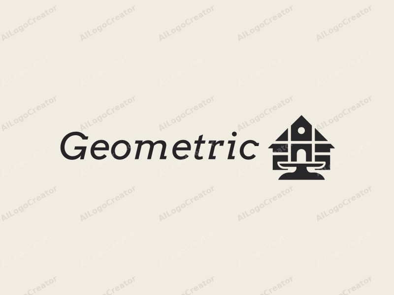 geometric design features a harmonious combination of squares and circles, incorporating a stylized house and balance scale, with a clean black and white color scheme.