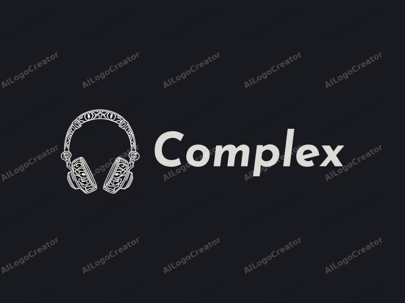 a modern design featuring intricate and detailed headphones intertwined with stylized letters, utilizing a clean and minimalistic approach against a solid black background.