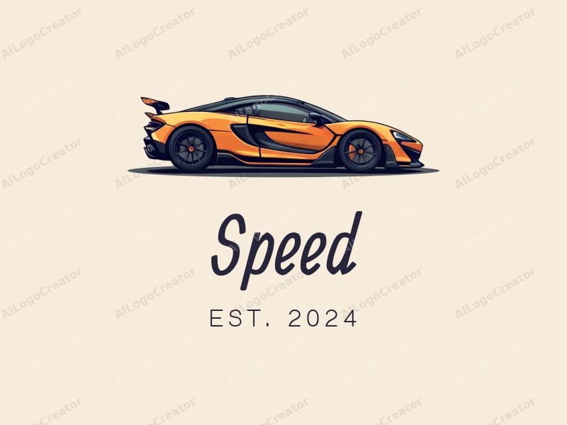 a modern design featuring a stylized sports car silhouette, dynamic lines representing speed and power, and an engine motif, combined with a clean background.