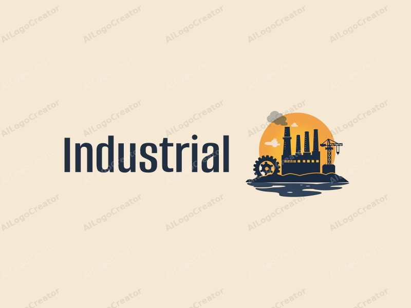 modern design features a stylized factory silhouette, interlocking gears, and a crane, combined with a clean background.