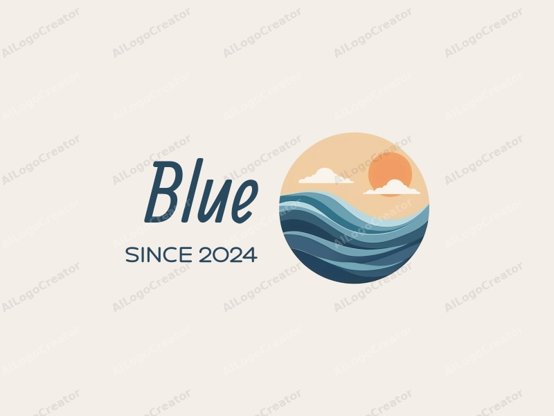 minimalist design features a serene ocean and sky, stylized waves and clouds, combined with a clean background.