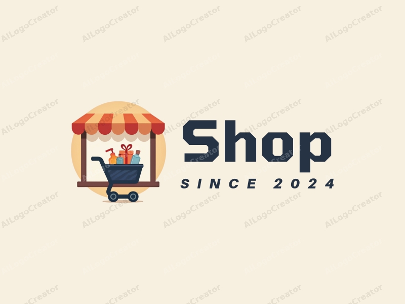 modern design features a stylized shop front, a shopping cart filled with products, combined with a clean background and a harmonious layout.