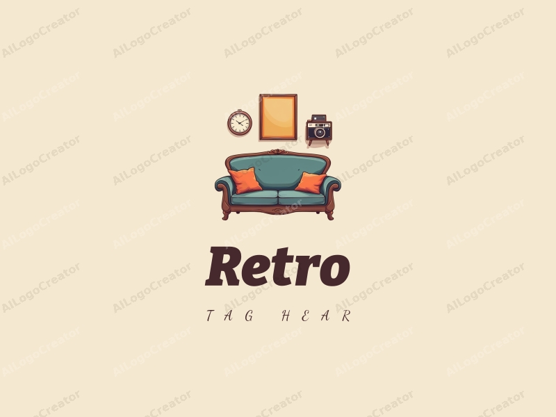 vintage design features a retro sofa, a retro poster, a vintage clock, and an old camera, combined with a clean background and harmonious composition.