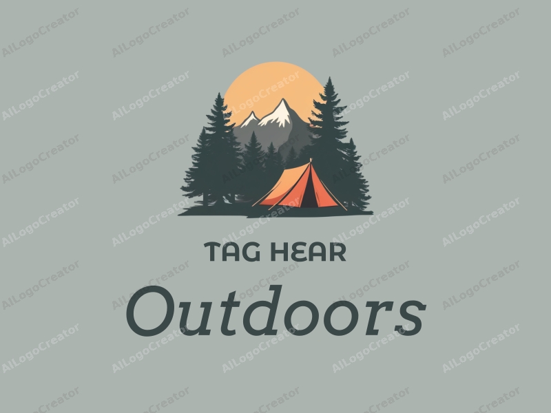 a modern design featuring a stylized camping tent and a mountain range, combined with a clean background and a harmonious composition.