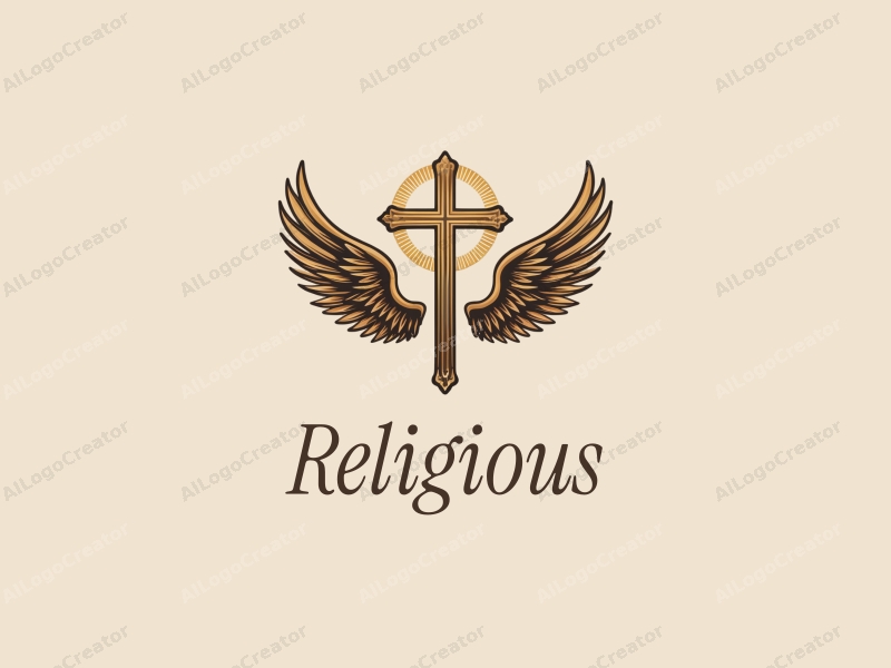 vintage design features a prominent cross, surrounded by a halo and angel wings, with a golden color palette, combined with a clean background.