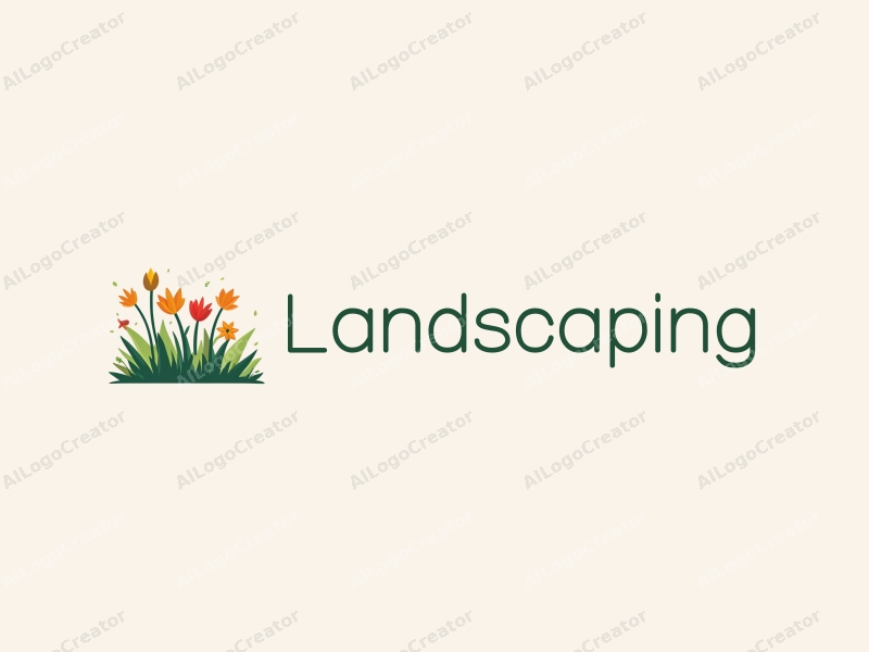 modern design features a stylized lawn and garden with abstract flowers and green leaves, combined with a clean background.