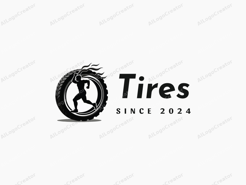 a modern design featuring a stylized tire intertwined with an athlete silhouette, using a clean and simple composition with a focus on dynamic movement.