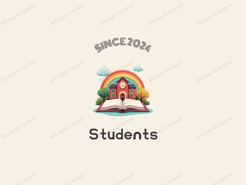 playful design features a cheerful student character, a stylized school building, an open book, and a vibrant rainbow, combined with a clean background.