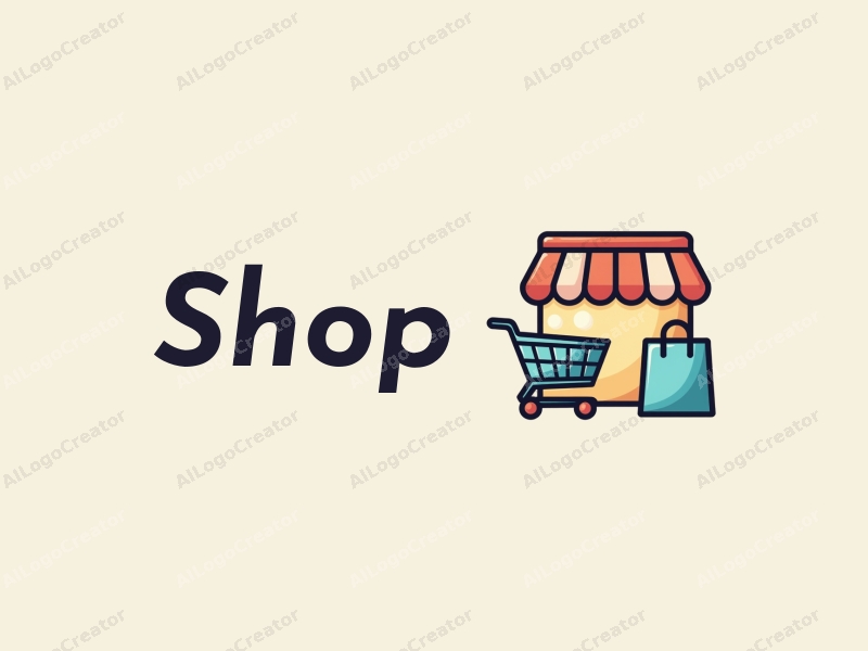 modern design features a stylized shop silhouette, a shopping cart, and a shopping bag, combined with a clean background.