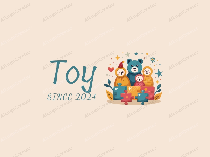 playful design features colorful dolls and puzzles, a stylized bear silhouette, and star motifs combined with a clean background.