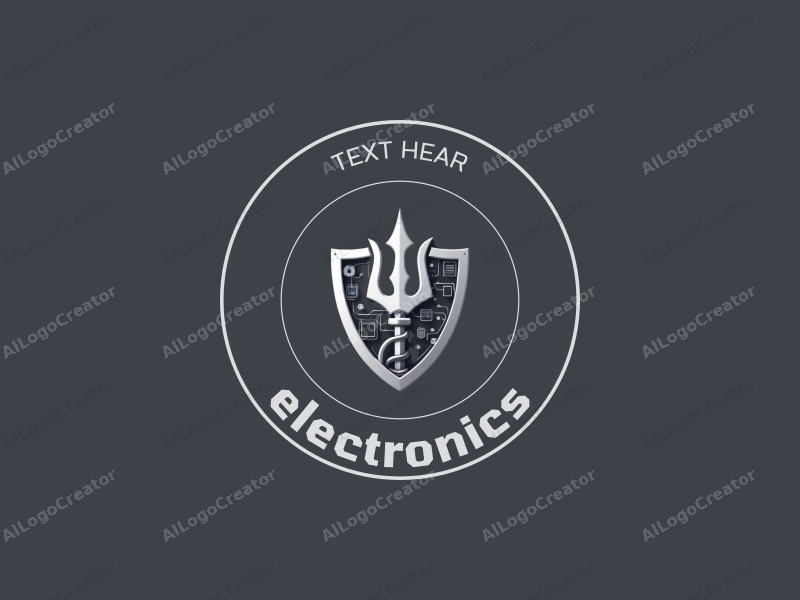 a modern design featuring a stylized shield and trident intertwined with electronic devices and computer elements, utilizing a silver color palette, combined with a clean and minimalistic background.