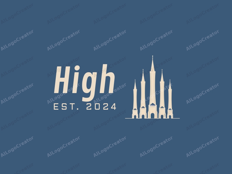 a modern design featuring tall and majestic towers and arches, combined with a clean blue background and a minimalist approach.