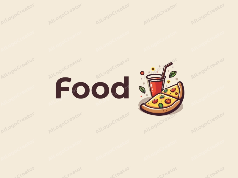 a modern design featuring a vibrant pizza slice and a refreshing beverage, combined with a clean background and a playful arrangement of food elements.