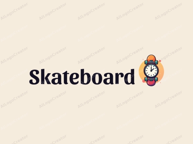 fröhliches Design, das ein lebendiges Skateboard mit einer stilisierten Uhr verwebt, unter Verwendung eines farbenfrohen Ansatzes in Kombination mit einem sauberen Hintergrund.