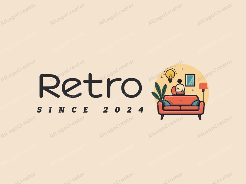 vintage design features a retro sofa and a retro poster, combined with a stylized person and a light bulb, set against a clean background.