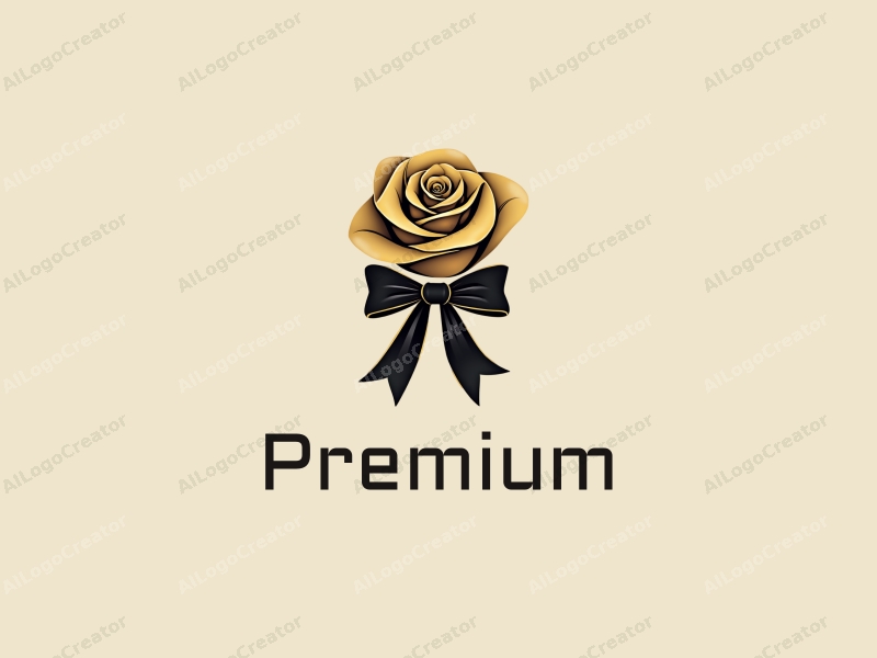 a modern luxury design featuring a golden rose intertwined with a black ribbon, showcasing elegance and high-end quality, combined with a clean background.