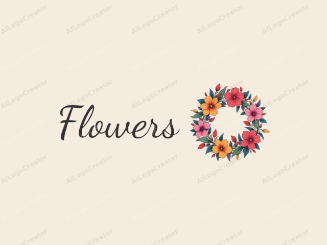 playful design features vibrant flowers and petals arranged in a circular wreath, intertwined with colorful ribbons, combined with a clean background.